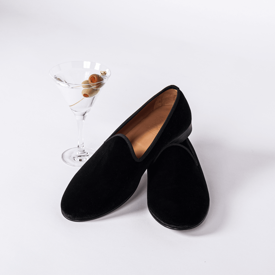 Men's Black Velvet Slipper II With Black Grosgrain Stripe