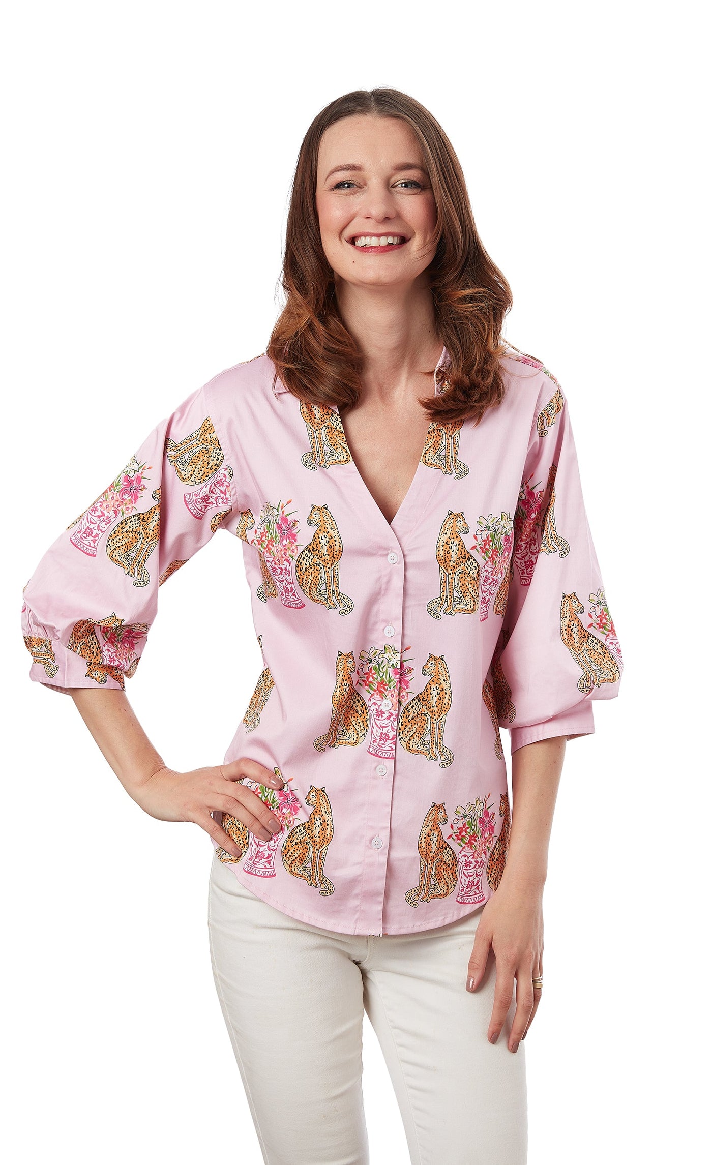 Puff Sleeve Top Pink With Cheetahs XS / 4060-S820A-XS