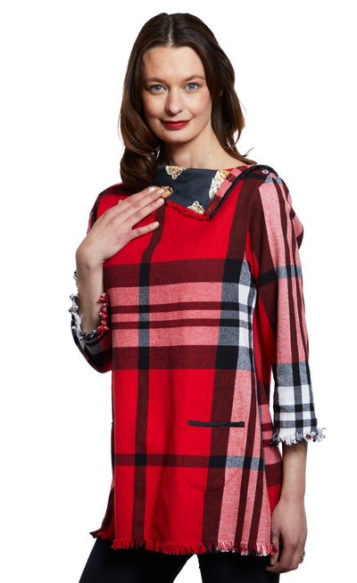 Aspen Cowl Neck Tunic With Fringe And Button Neck In Red Yarndyed Flannel Plaid XS / 4920-F3011R