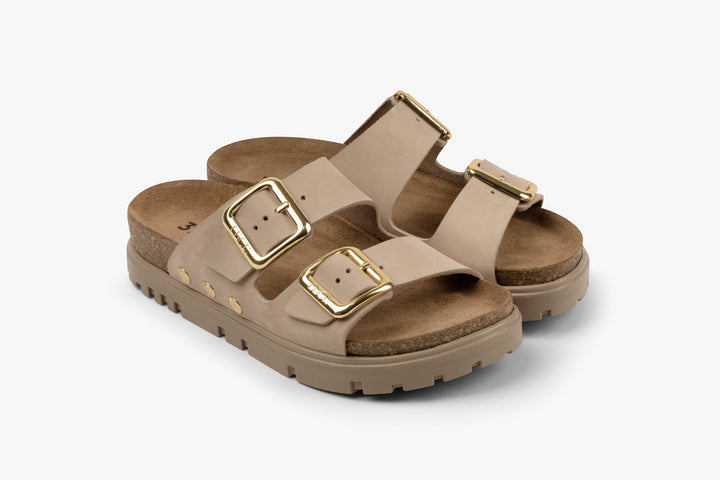 Portofino II by LEON- Women’s Leather Sandal – Double Strap Slide with Cork-style Footbed &amp; Adjustable Buckle