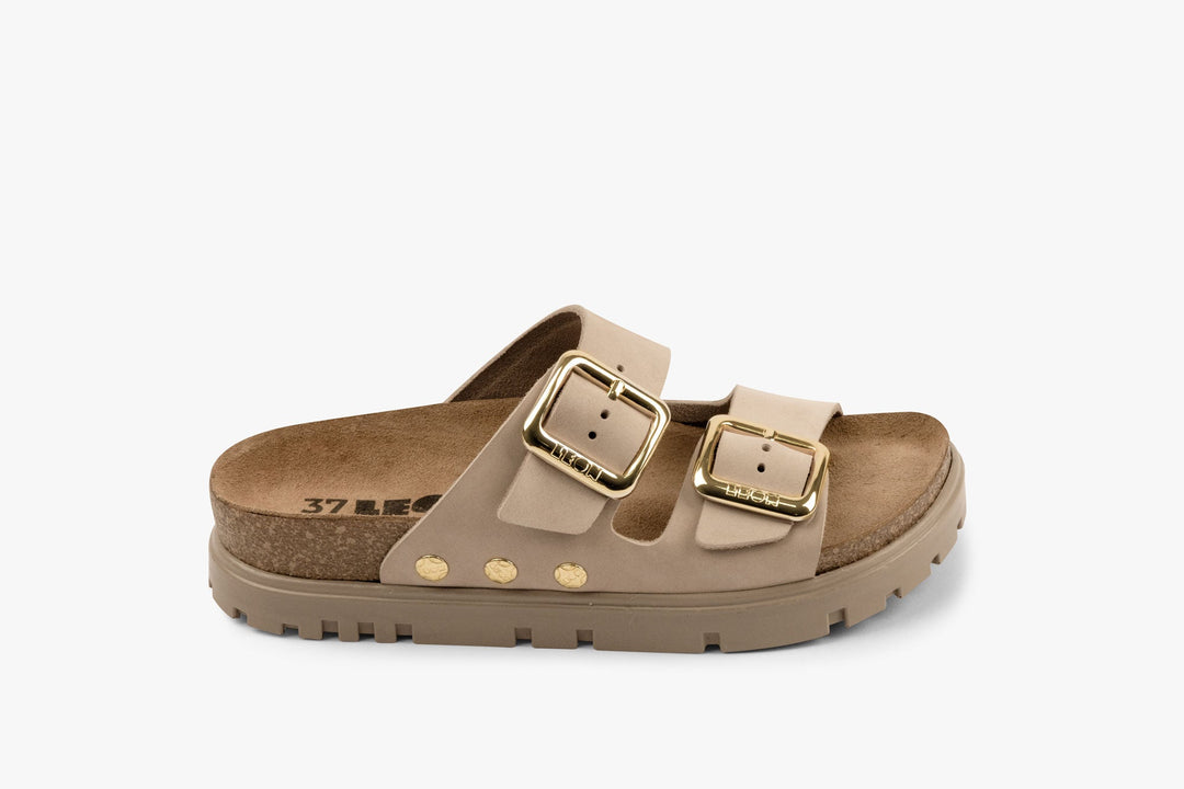 Portofino II by LEON- Women’s Leather Sandal – Double Strap Slide with Cork-style Footbed &amp; Adjustable Buckle