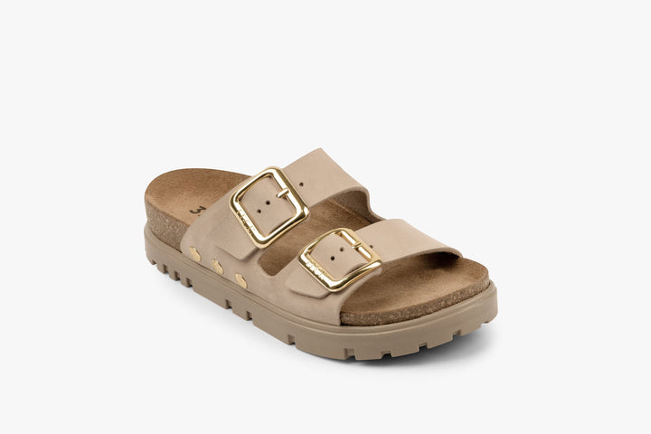 Portofino II by LEON- Women’s Leather Sandal – Double Strap Slide with Cork-style Footbed &amp; Adjustable Buckle