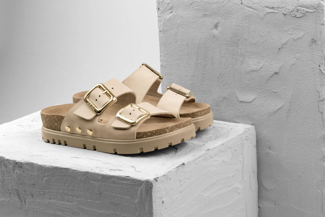 Portofino II by LEON- Women’s Leather Sandal – Double Strap Slide with Cork-style Footbed &amp; Adjustable Buckle