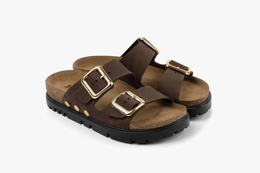 Portofino II by LEON- Women’s Leather Sandal – Double Strap Slide with Cork-style Footbed &amp; Adjustable Buckle