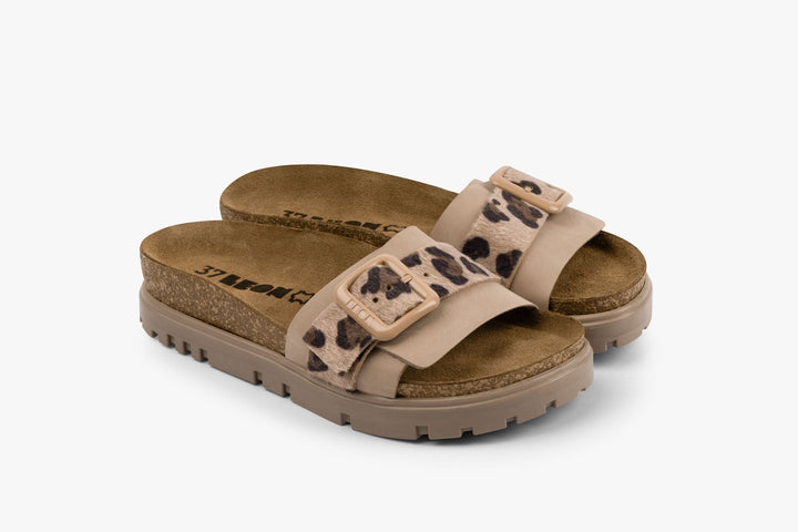 Tessa by LEON- Women’s Leather Sandal – Layered Strap Slide with Cork-style Footbed &amp; Adjustable Buckle