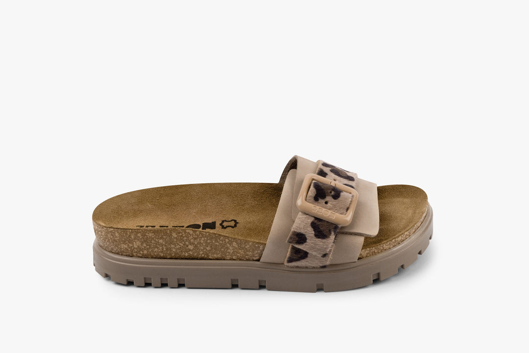 Tessa by LEON- Women’s Leather Sandal – Layered Strap Slide with Cork-style Footbed &amp; Adjustable Buckle