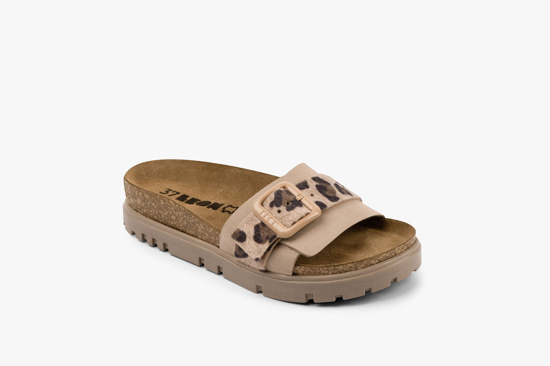 Tessa by LEON- Women’s Leather Sandal – Layered Strap Slide with Cork-style Footbed &amp; Adjustable Buckle