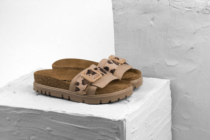 Tessa by LEON- Women’s Leather Sandal – Layered Strap Slide with Cork-style Footbed &amp; Adjustable Buckle
