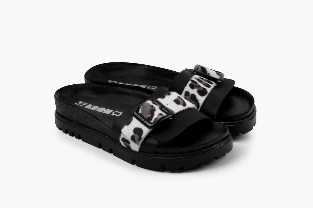 Tessa by LEON- Women’s Leather Sandal – Layered Strap Slide with Cork-style Footbed &amp; Adjustable Buckle