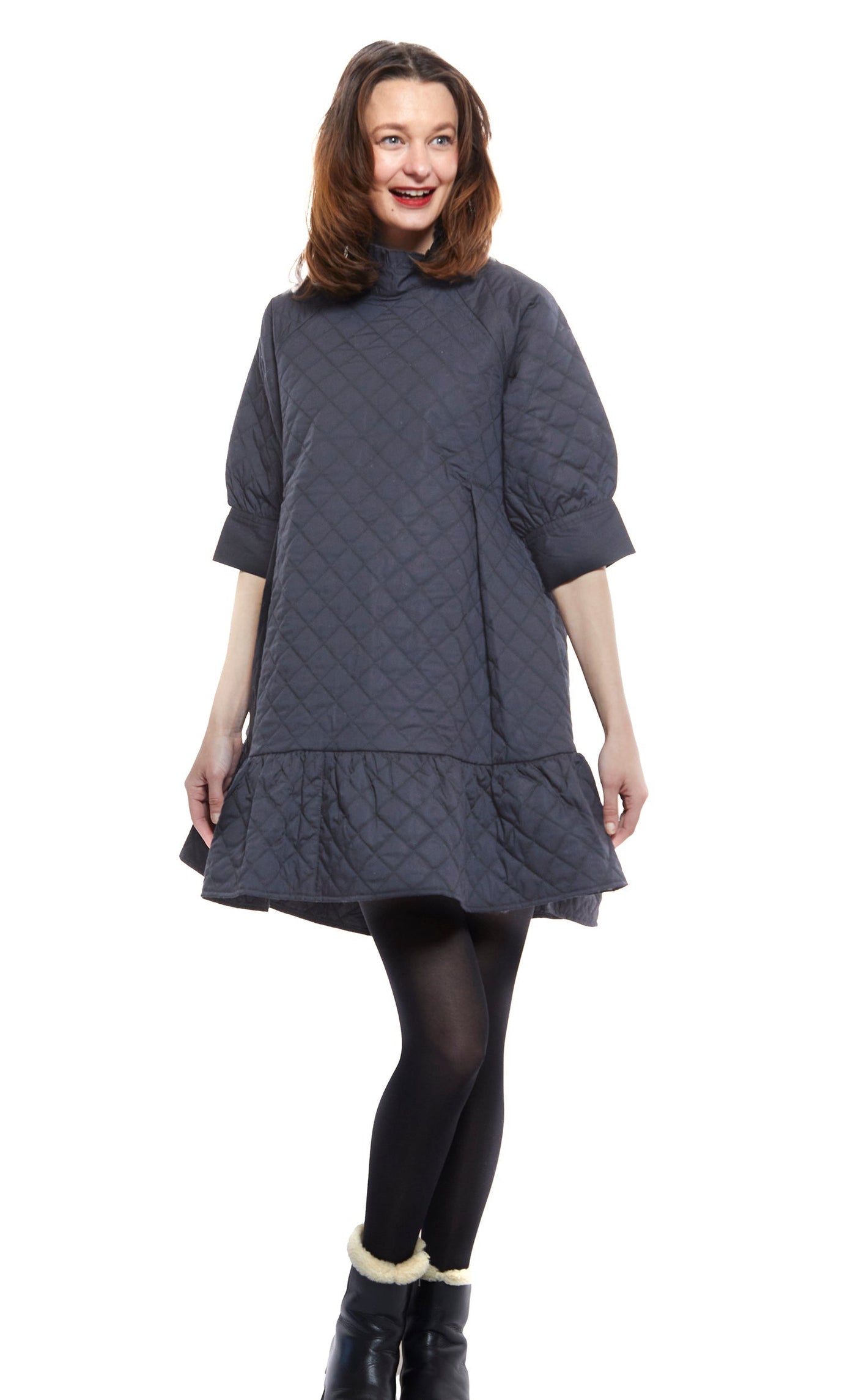 St. Tropez Softly Quilted Black Poplin Dress, Oversized Silhouette XS / 6909-BLK