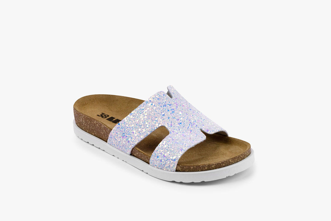 Liora II by LEON- Women’s Leather Sandal- Shimmering Slide Sandals with Glitter Effect