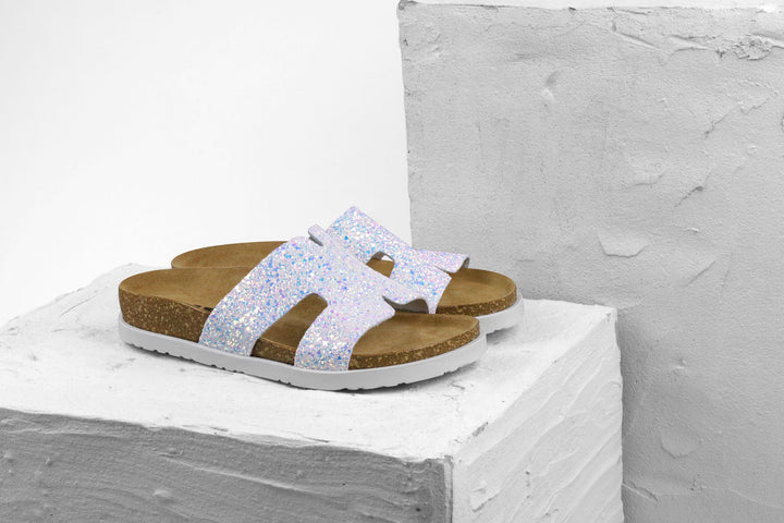 Liora II by LEON- Women’s Leather Sandal- Shimmering Slide Sandals with Glitter Effect