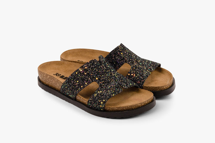 Liora II by LEON- Women’s Leather Sandal- Shimmering Slide Sandals with Glitter Effect