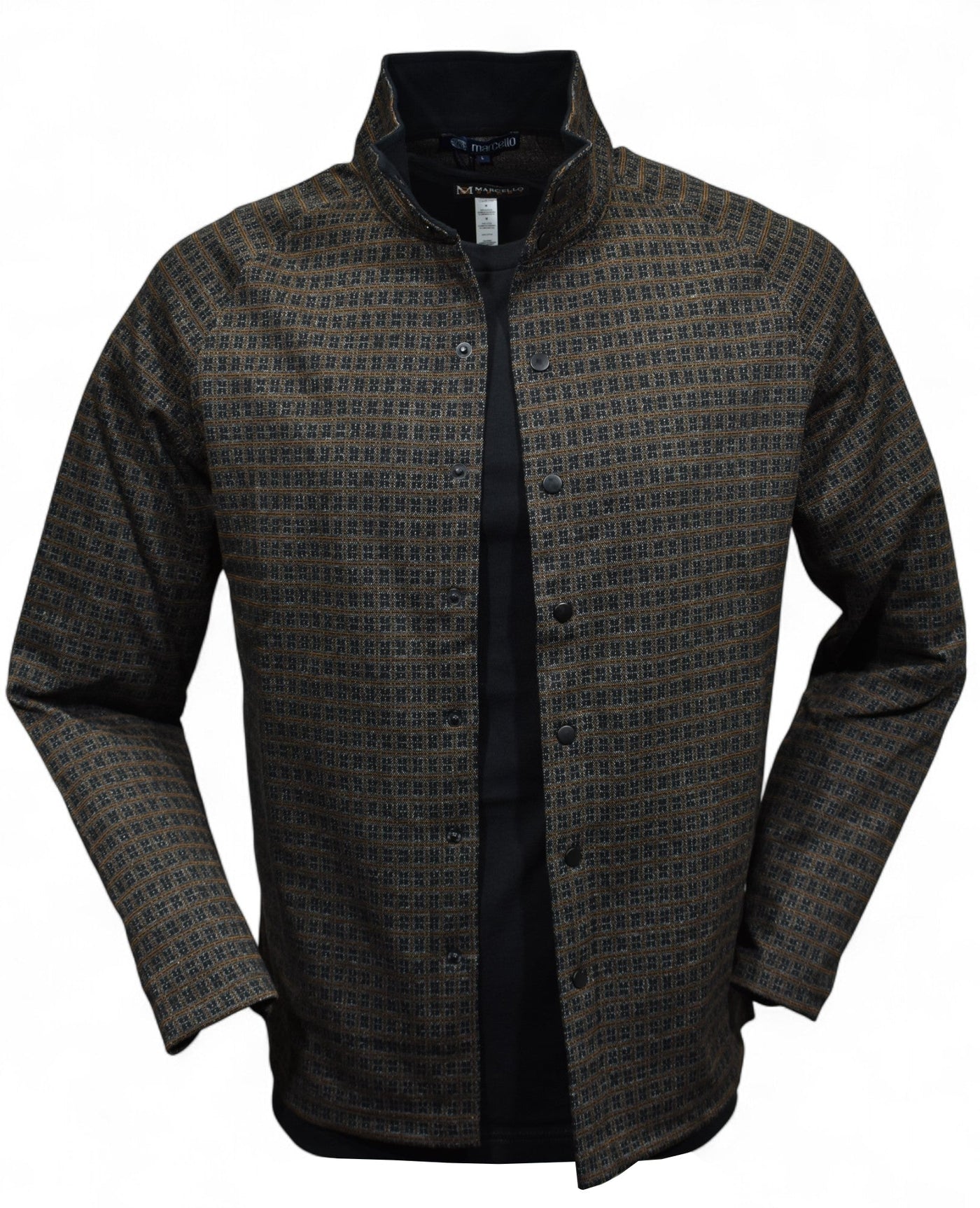 The perfect combination of chocolate and black with a touch of tan in a cool contemporary snap front shacket model by Marcello.