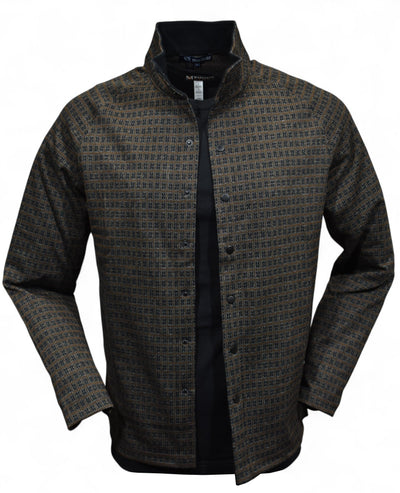 The perfect combination of chocolate and black with a touch of tan in a cool contemporary snap front shacket model by Marcello.