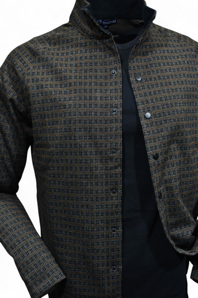 The perfect combination of chocolate and black with a touch of tan in a cool contemporary snap front shacket model by Marcello.