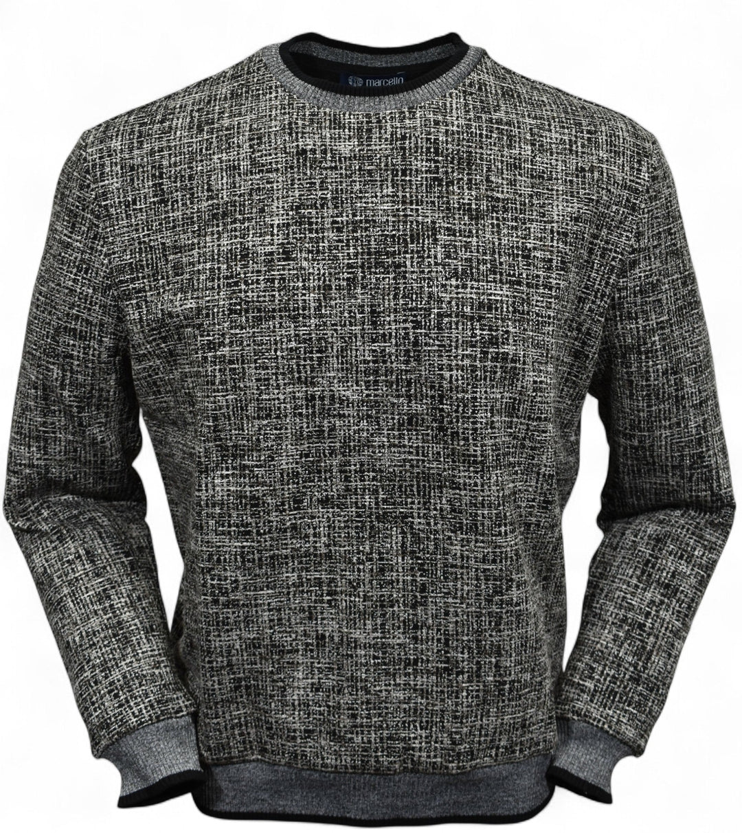 This classic crew neck sweater features a rich combination of tan, ivory, and black, making it the perfect addition to any outfit in the black or tan families. 