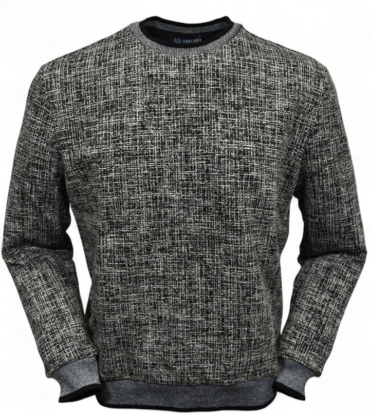This classic crew neck sweater features a rich combination of tan, ivory, and black, making it the perfect addition to any outfit in the black or tan families. 