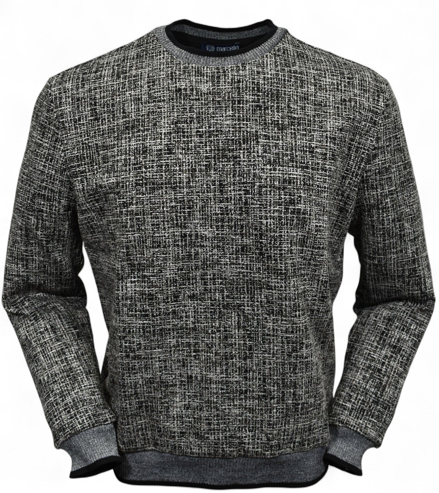 This classic crew neck sweater features a rich combination of tan, ivory, and black, making it the perfect addition to any outfit in the black or tan families. 