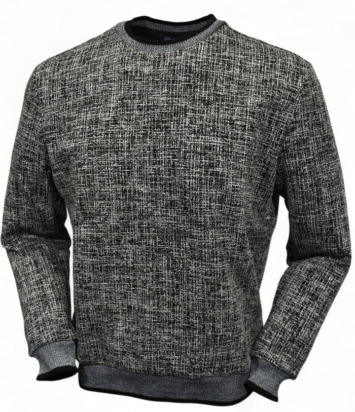 This classic crew neck sweater features a rich combination of tan, ivory, and black, making it the perfect addition to any outfit in the black or tan families. 