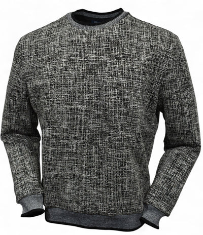 This classic crew neck sweater features a rich combination of tan, ivory, and black, making it the perfect addition to any outfit in the black or tan families. 