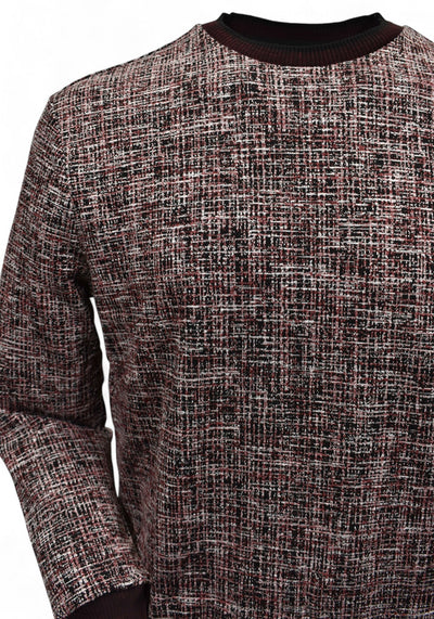 This classic crew neck sweater features a rich combination of ruby red, ivory and black, sweater by Marcello