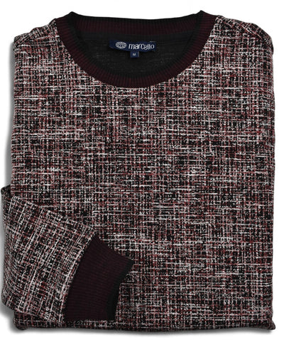 This classic crew neck sweater features a rich combination of ruby red, ivory and black, sweater by Marcello