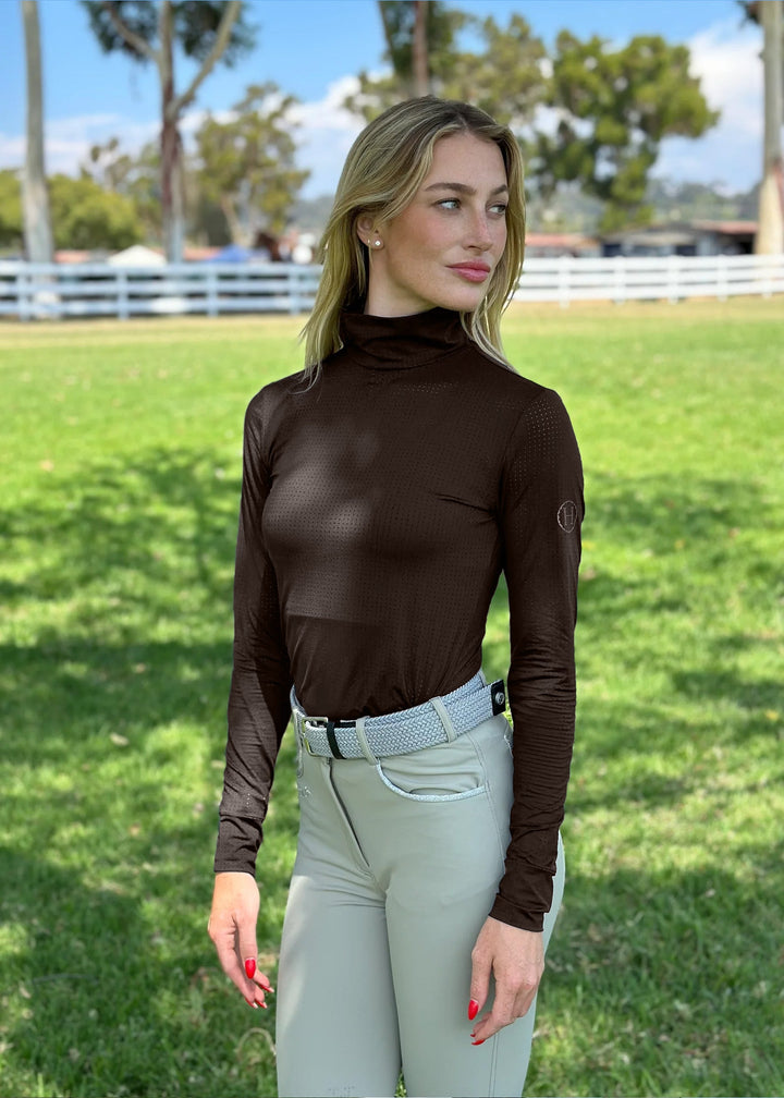Venti Womens Mock Neck Perforated Long Sleeve Technical Shirt
