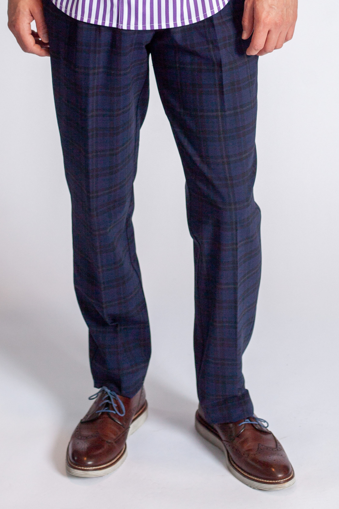 Pleated Wool Trouser Pants - Navy Plaid