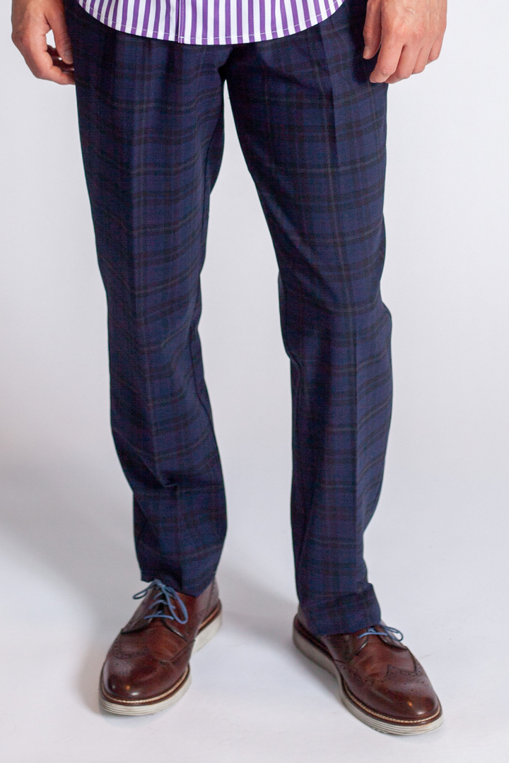 Pleated Wool Trouser Pants - Navy Plaid