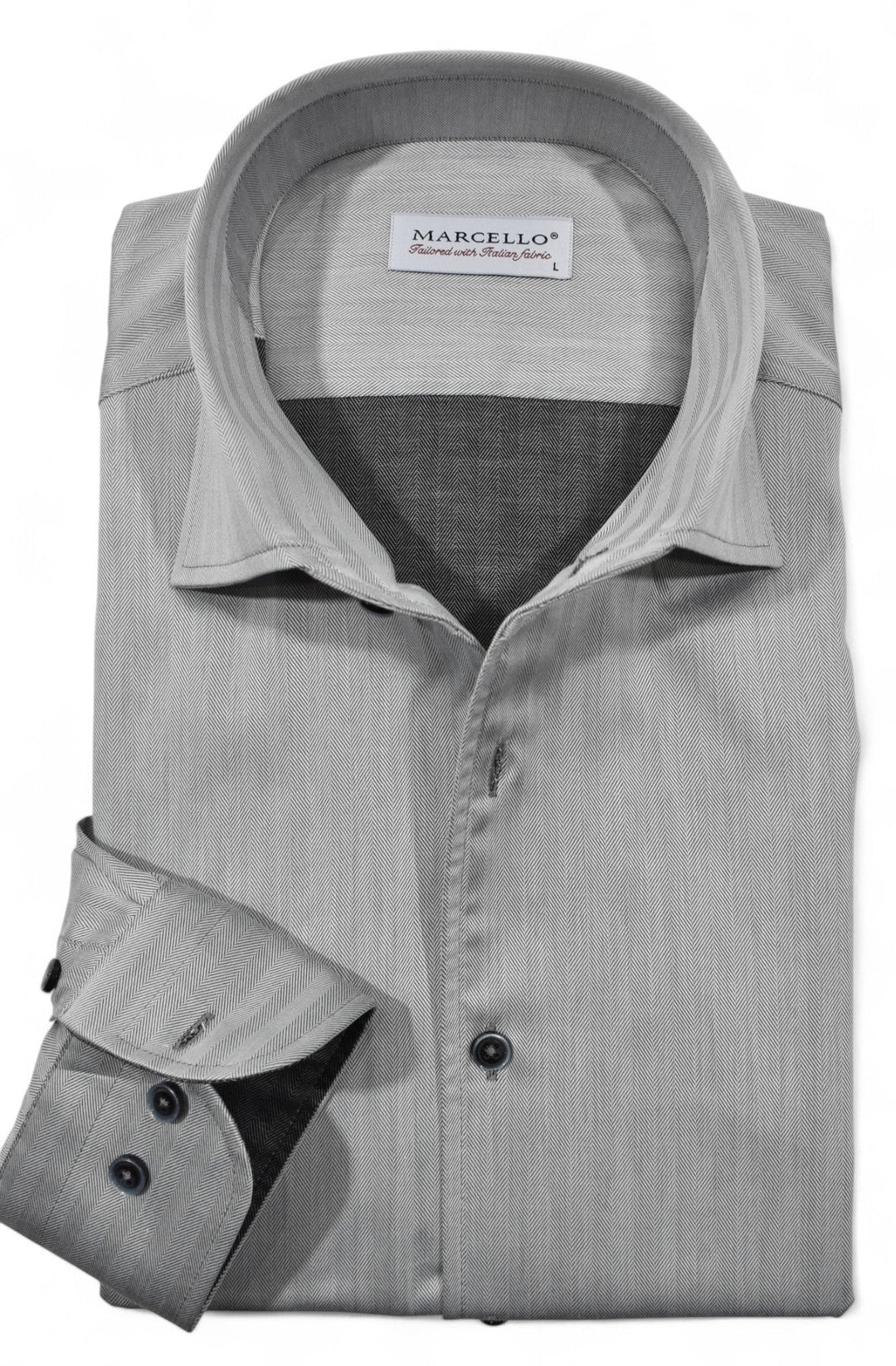 Impeccable craftsmanship and ultra soft cotton make this rich, sophisticated silver herringbone pattern a must-have. Shirt by Marcello.