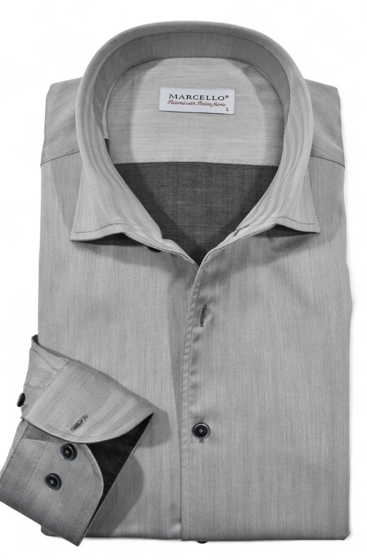 Impeccable craftsmanship and ultra soft cotton make this rich, sophisticated silver herringbone pattern a must-have. Shirt by Marcello.