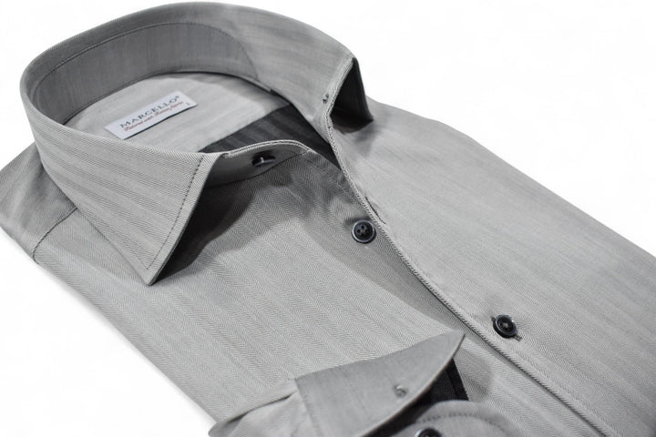 Impeccable craftsmanship and ultra soft cotton make this rich, sophisticated silver herringbone pattern a must-have. Shirt by Marcello.