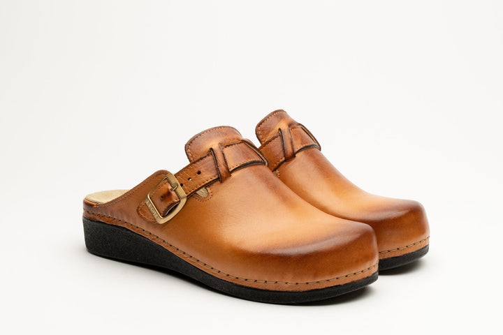 Nora I by LEON – Women’s Leather Clog- Removable Gel Insole &amp; Adjustable Buckle