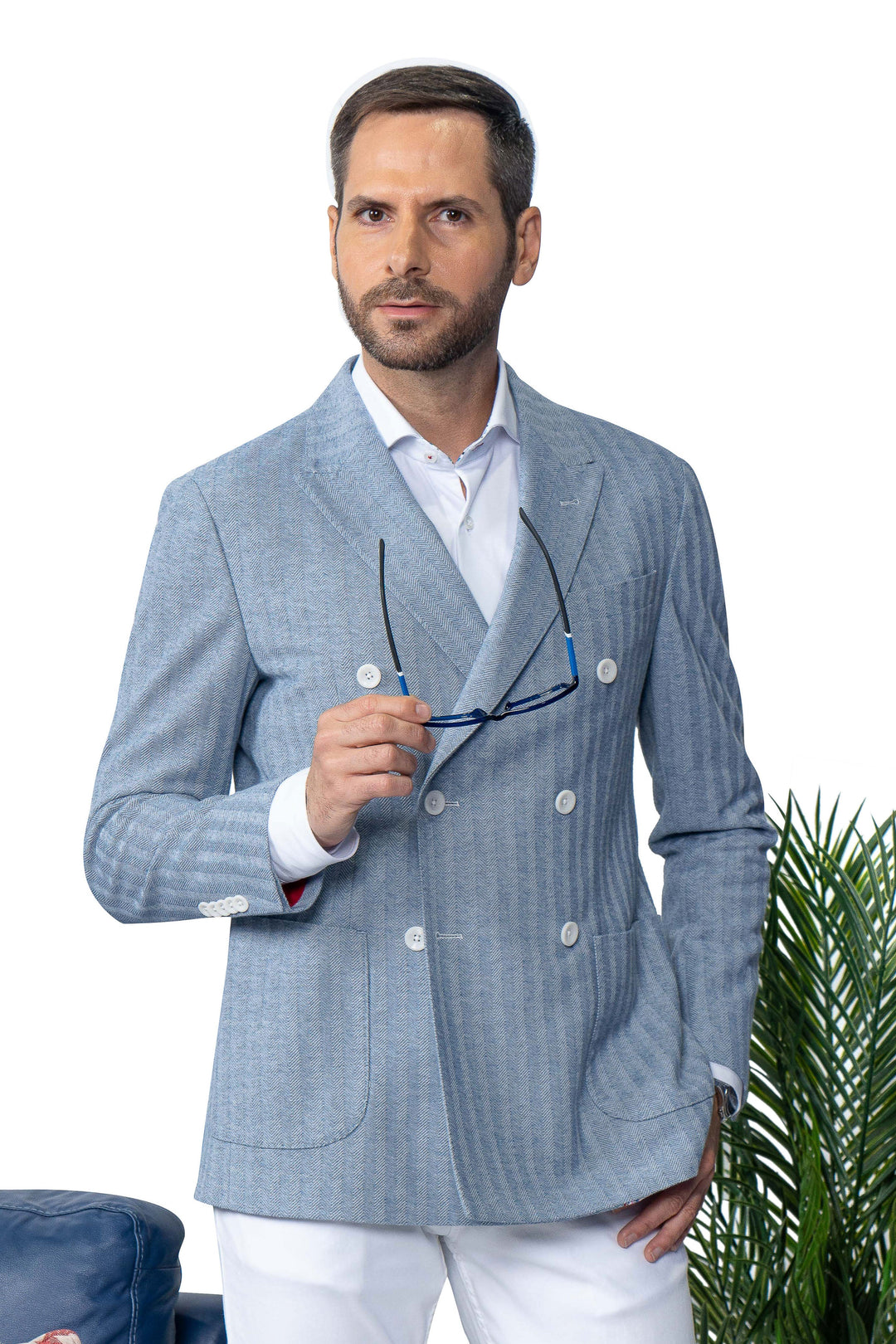 Dorval Blue Double Breasted Cotton Stretch Blazer - 7 Downie St.®