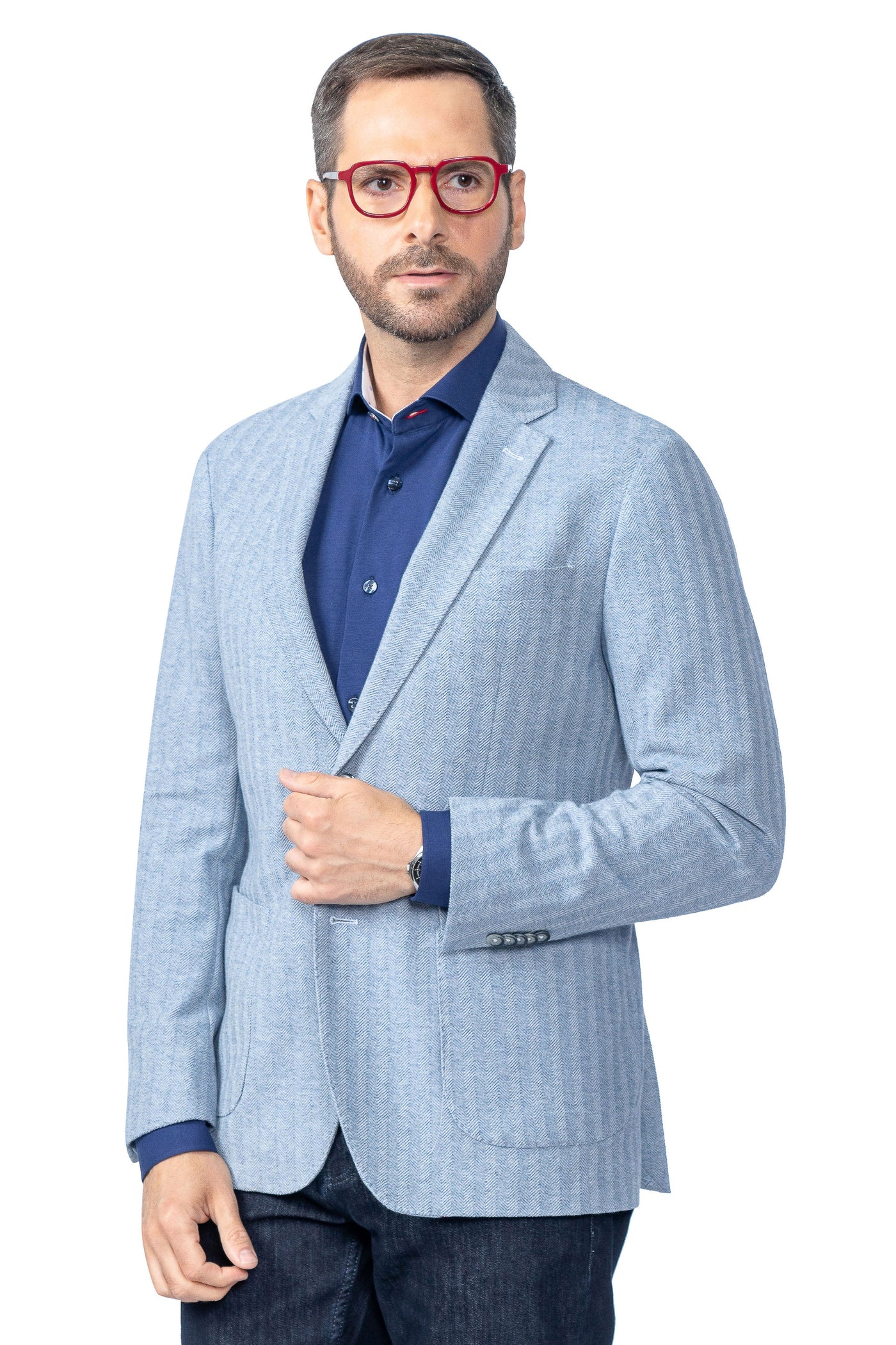 Laval Blue Herringbone Cotton Stretch Blazer - 7 Downie St.®