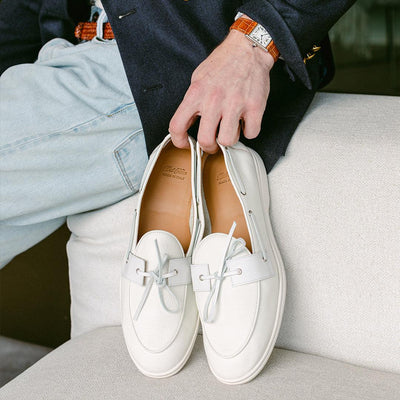 Men's White Pebbled Leather Barca Yacht Loafer