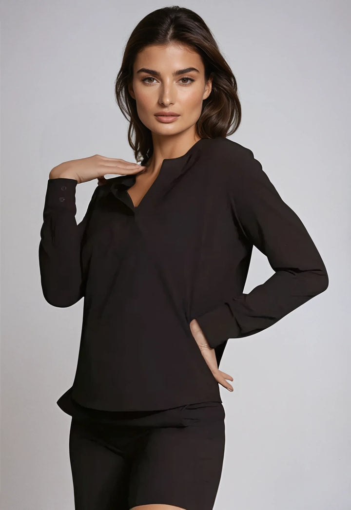 Resort Vee Popover Shirt - Black-SHIRTS &amp; BLOUSES-BUKI-XS-Black-Buki