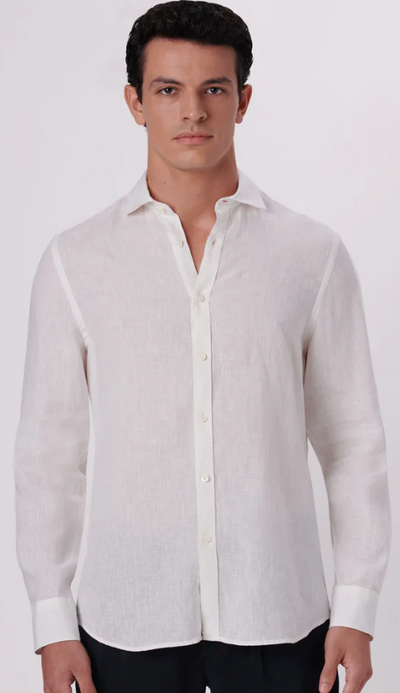 The long sleeve Bugatchi Linen shirt is perfect for the modern man. Its classic fit is made with lightweight soft linen fabric in three colors, sure to give you a comfortable and stylish look. Its perfect for a day in the office or an evening out.  Classic fit.