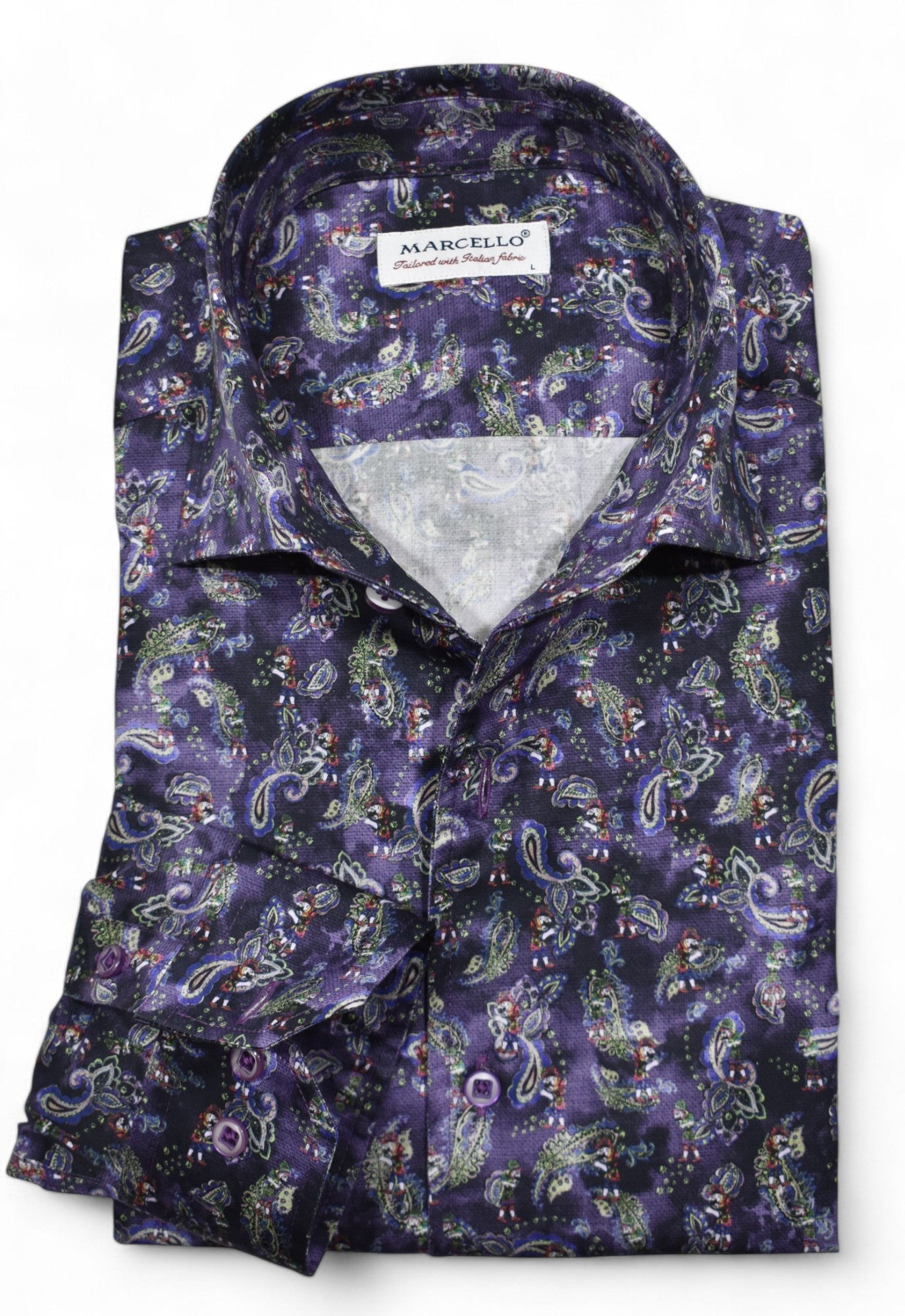 Feel confident and stylish in the Marcello Nebula Paisley Roll Collar.