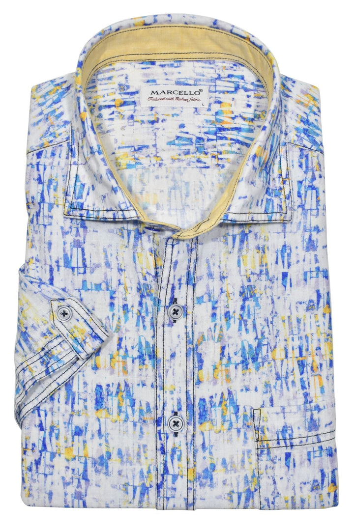 Look effortlessly stylish and sophisticated with this W826S Abstract Cotton Linen Print. Crafted with a blend of soft cotton and linen, it offers the classic linen look without the wrinkling. Featuring an abstract blue and maize pattern, it&