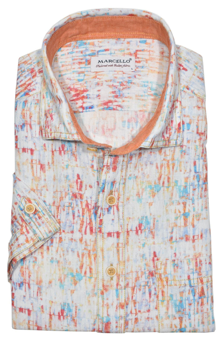 Look effortlessly stylish and sophisticated with this W829S Mango Abstract Cotton Linen Print. Crafted with a blend of soft cotton and linen, it offers the classic linen look without the wrinkling. Featuring an abstract mango, red and hint of aqua pattern, it&