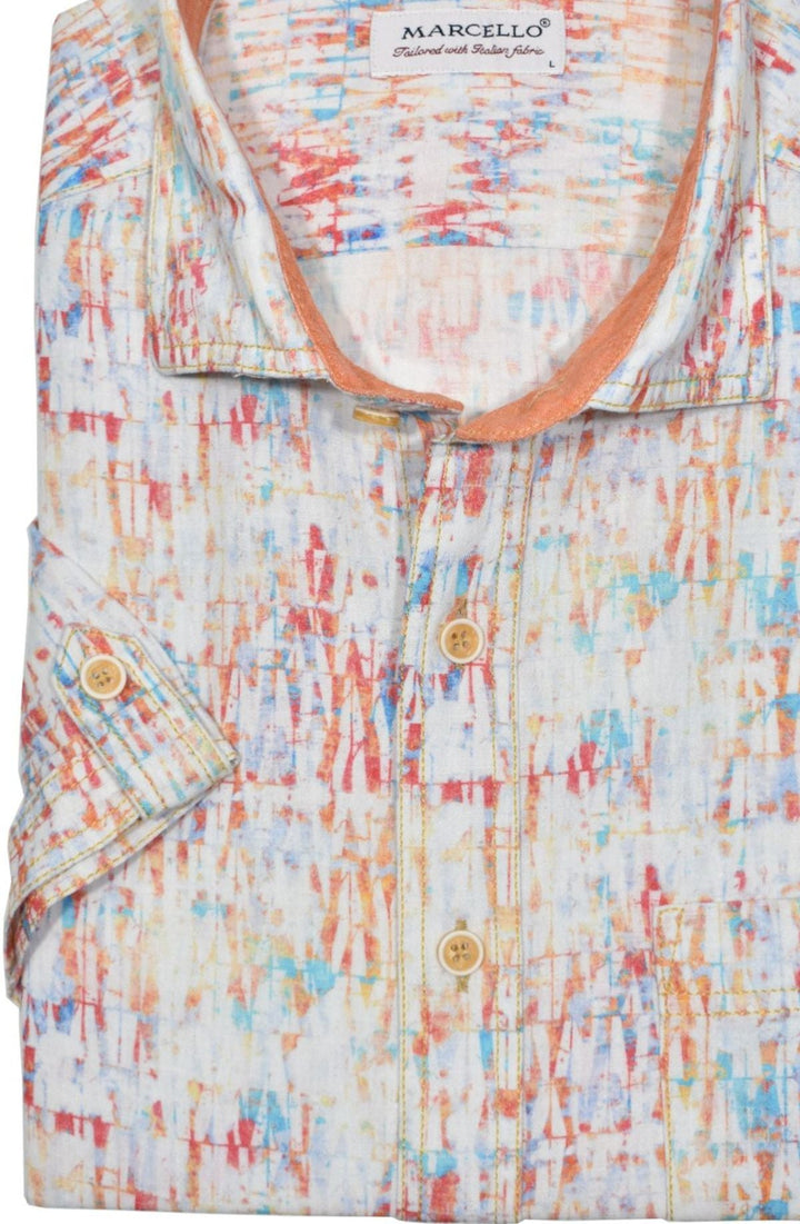 Look effortlessly stylish and sophisticated with this W829S Mango Abstract Cotton Linen Print. Crafted with a blend of soft cotton and linen, it offers the classic linen look without the wrinkling. Featuring an abstract mango, red and hint of aqua pattern, it&