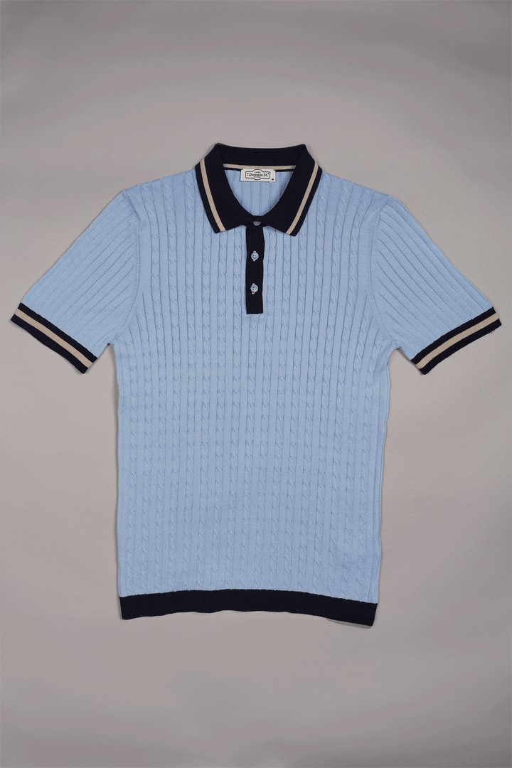 3 Button Cable Knit Polo in Light Blue