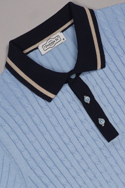 3 Button Cable Knit Polo in Light Blue