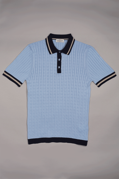 3 Button Cable Knit Polo in Light Blue