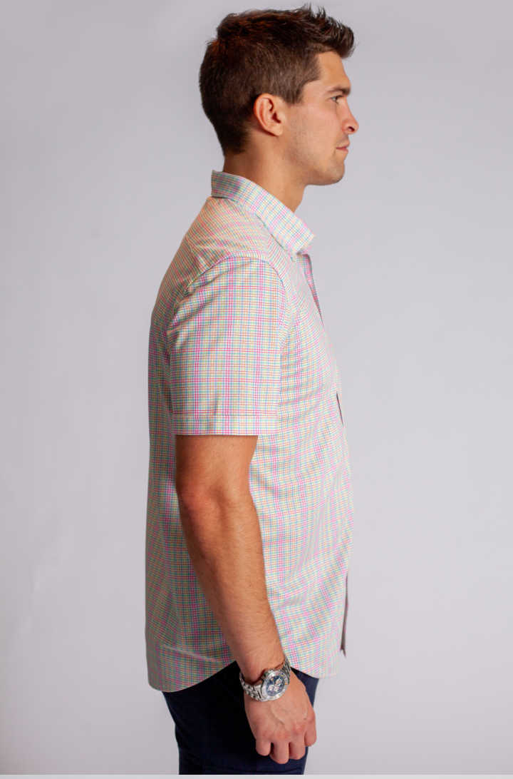 Spectrum CheckShort Sleeve Tech Shirt, side- Short Sleeve Shirts-Buki