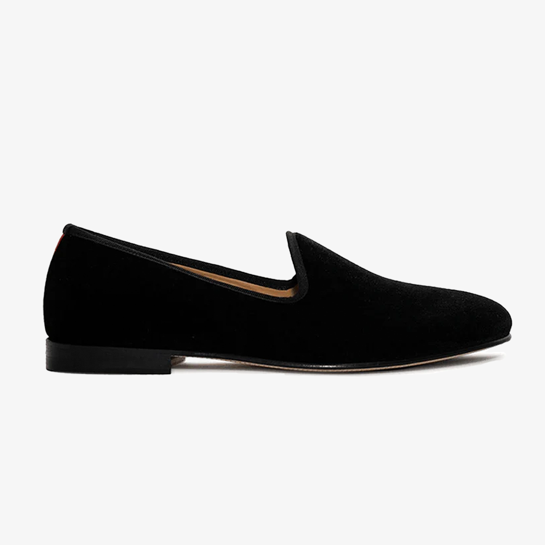 Men's Black Velvet Slipper II With Black Grosgrain Stripe