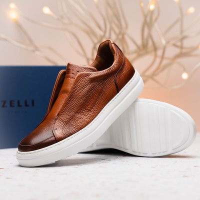 65-225-CGN SPETTACOLARE Italian Pebble Grain Calfskin Sneakers Cognac