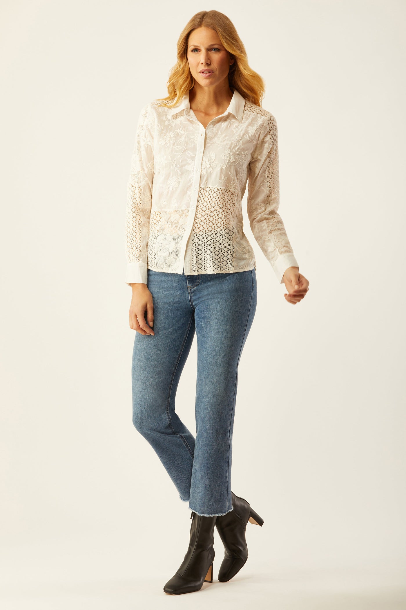 Streep Patchwork Embroidered Shirt - Ecru